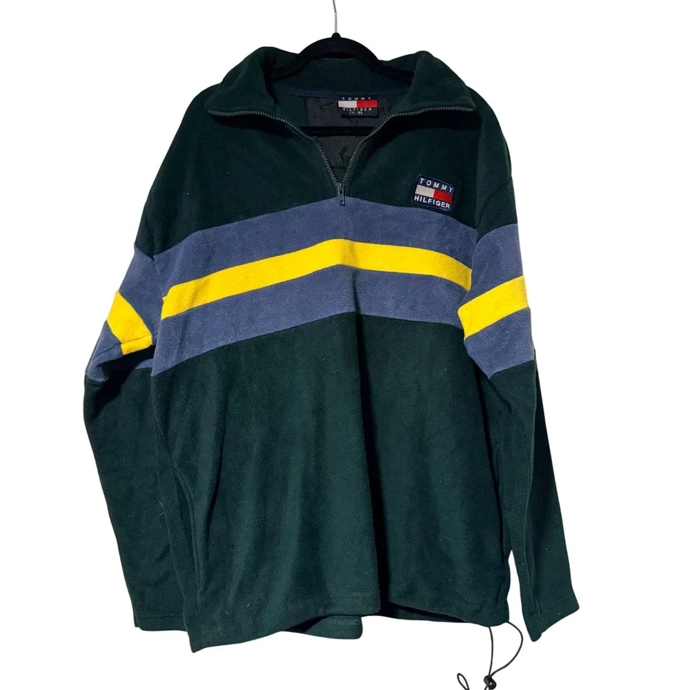 Tommy Hilfiger Vintage 90s Fleece Quarter Zip Mens XL Green Blue Yellow